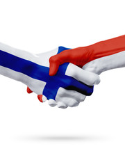 Flags Finland, Monaco countries, partnership friendship handshake concept.