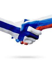 Flags Finland, Russia countries, partnership friendship handshake concept.