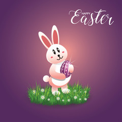 Happy Easter Greeting Card with Cartoon Rabbit And Eggs vector illustration