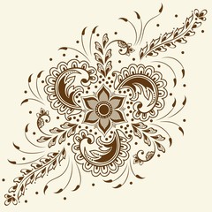 Vector illustration of mehndi ornament. Traditional indian style, ornamental floral elements for henna tattoo, stickers, mehndi and yoga design, cards and prints. Abstract floral vector illustration.