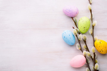 Obraz na płótnie Canvas Easter and spring decoration, catkins and eggs.