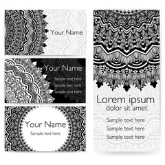 Wedding invitation and announcement card with ornamental round lace with arabesque elements. Mehndi style. Orient traditional ornament. Zentangle-like round colored floral ornament.