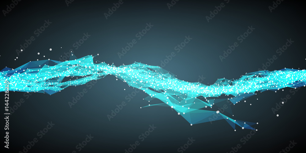 Poster abstract vector blue wave mesh background. point cloud array. chaotic light waves. technological cyb