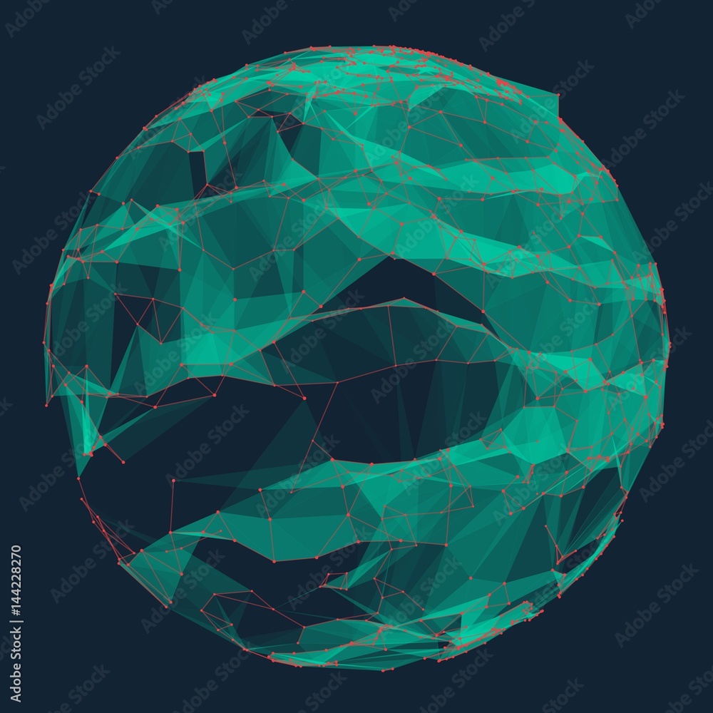 Poster abstract vector polygonal cyber green sphere. triangle spherical mesh background. futuristic 3d illu