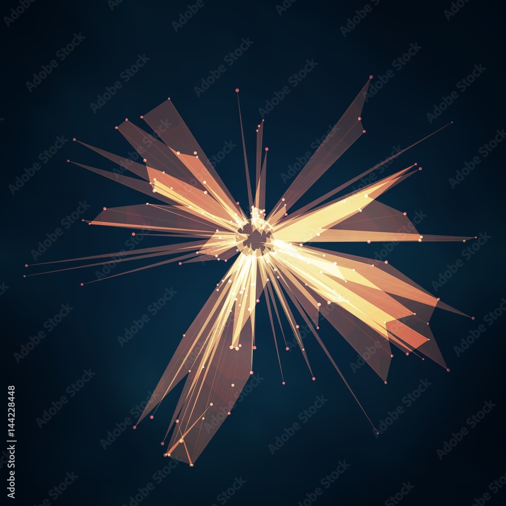 Poster abstract vector mesh star. chaotically connected points and polygons flying in space. flying debris.