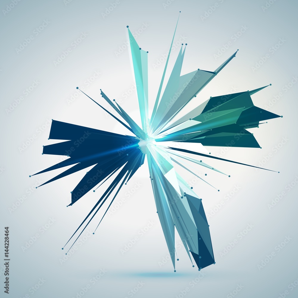 Poster abstract vector mesh star. chaotically connected points and polygons flying in space. flying debris.