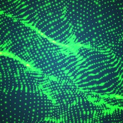 Abstract vector green wave mesh background. Point cloud array. Chaotic light waves. Technological cyberspace background. Cyber waves.