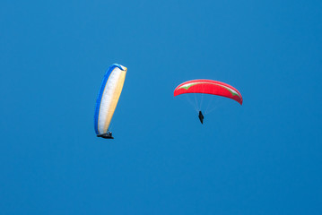 Paragliding in the blue sunny sky. One paraglider fly in summer sunny day in the clouds....