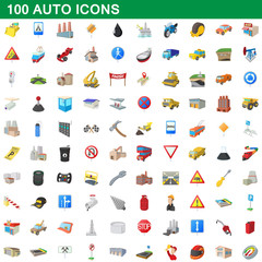 100 auto icons set, cartoon style