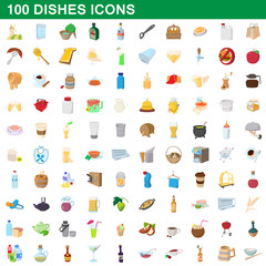 100 dishes icons set, cartoon style