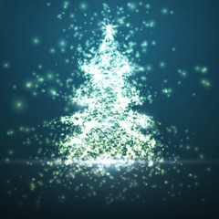 Shining christmas tree on blue background with backlight and glowing particles. Abstract vector background. Glowing fir-tree. Elegant shining background for you design. EPS 10
