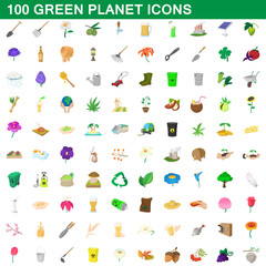 100 green planet icons set, cartoon style