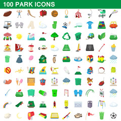 100 park icons set, cartoon style