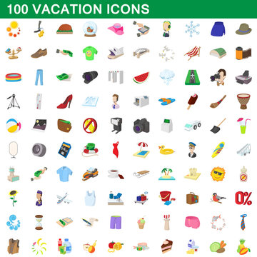 100 vacation icons set, cartoon style