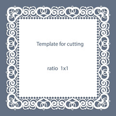 Greeting card with openwork border, paper doily under the cake, template for cutting, wedding invitation, decorative plate is laser cut, vector illustrations.