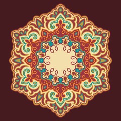 Fototapeta na wymiar Vector ornamental round lace with damask and arabesque elements. Mehndi style. Orient traditional ornament. Zentangle-like round colored floral ornament.