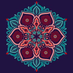Vector ornamental round lace with damask and arabesque elements. Mehndi style. Orient traditional ornament. Zentangle-like round colored floral ornament.