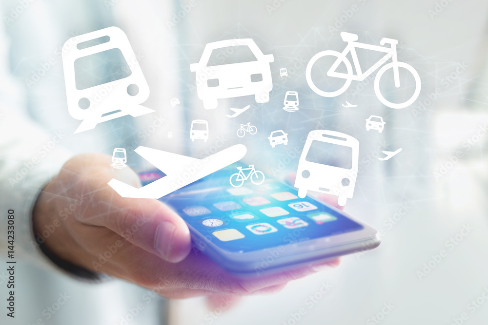 Poster concept of checking different way to go on holidays on a device - travel concept