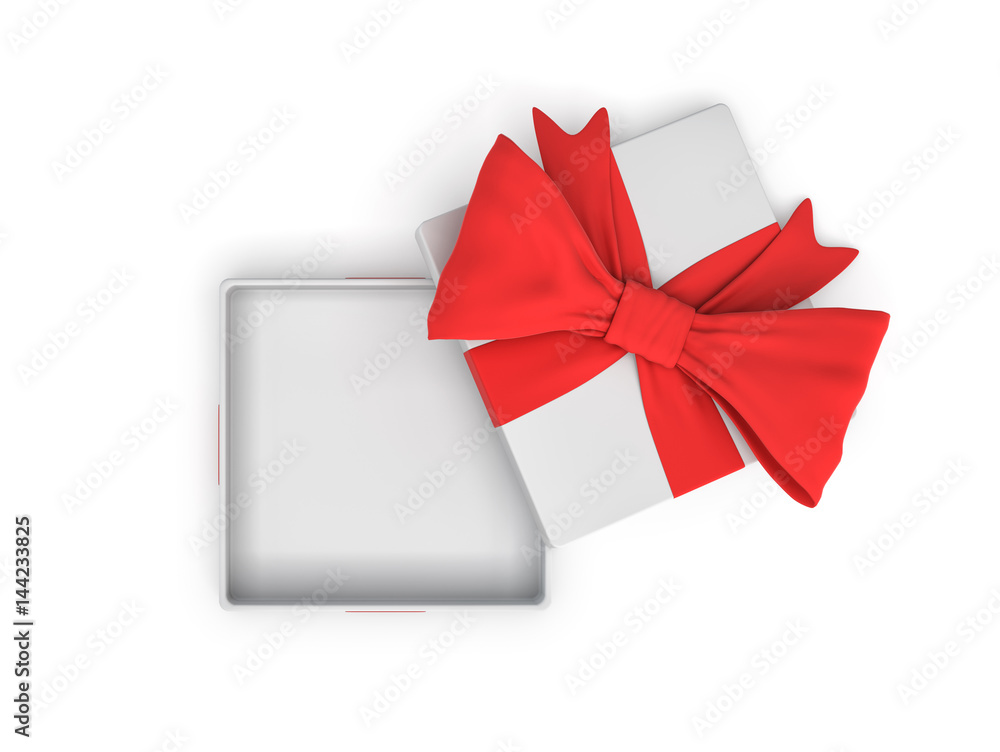 Poster 3d rendering of a white square opened gift box with a red bow on white background as seen from above