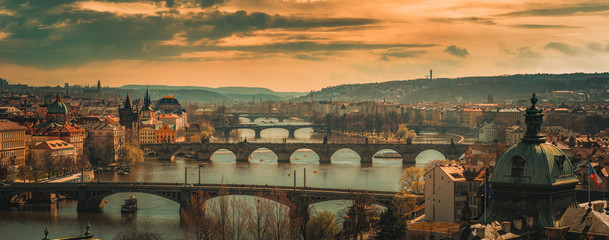 Panoramic view on Prague Bridges - obrazy, fototapety, plakaty