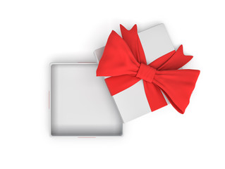 3d rendering of a white square opened gift box with a red bow on white background as seen from above.