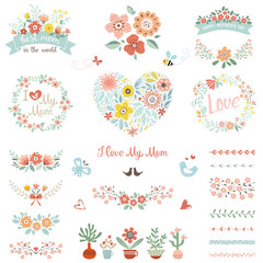 Mother's Day set with typographic design elements. Flowers, branches, wreaths, floral heart, butterflies, bee, bird, brushes, cactuses, plant pots and vases. Vector illustration.