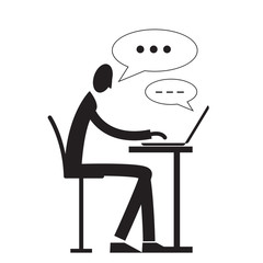 One person sitting with computer. Isolated on white background