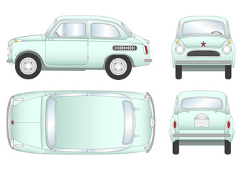 Green car vector template on white background. Old retro car isolated. All layers and groups well organized for easy editing and recolor. View from side, front, back and top. Vector illustration.