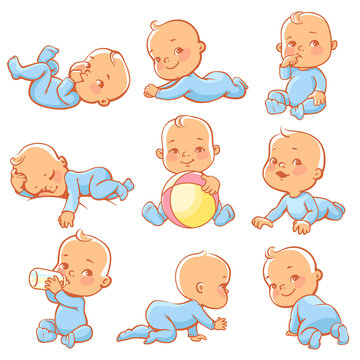 Cute little baby boy in blue papamas. Child wearing blue overalls sleeping, sitting, crawling, eating. Happy newborn. Toddler with bottle of milk. Vector illustration.