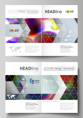 Business templates for bi fold brochure, magazine, flyer, booklet or annual report. Cover template, flat vector layout in A4 size. Colorful design background with abstract shapes, bright cell backdrop
