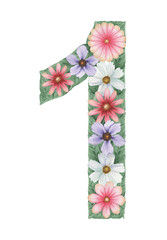 Number 1 made of Hand painted watercolor Composition of flowers, isolated on white background.