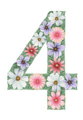 Number 4 made of Hand painted watercolor Composition of flowers, isolated on white background.