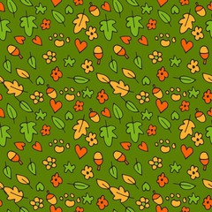 Seamless pattern - Falling leaves in different shapes. Vector cute kawaii illustration. Hand drawn japanese kawaii style sketch, abstract imaginary creature