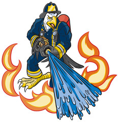 Obraz premium Bald Eagle Firefighter Mascot Spays Water on Fire