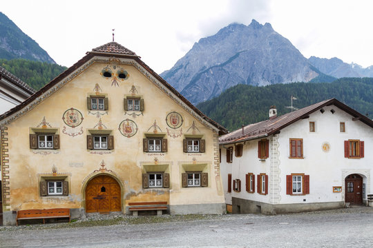 Old house in the Scoul, Canton of Grisons in Switzerland. 