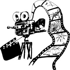 Naklejka premium Sketch a movie camera, filmstrip on an isolated background. Hand drawn