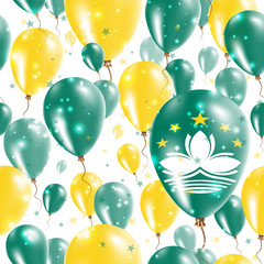 Macao Independence Day Seamless Pattern. Flying Rubber Balloons in Colors of the Chinese Flag. Happy Macao Day Patriotic Card with Balloons, Stars and Sparkles.