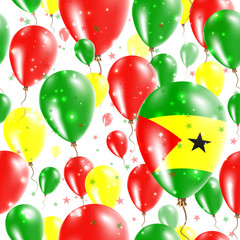Sao Tome and Principe Independence Day Seamless Pattern. Flying Rubber Balloons in Colors of the Sao Tomean Flag. Happy Sao Tome and Principe Day Patriotic Card with Balloons, Stars and Sparkles.