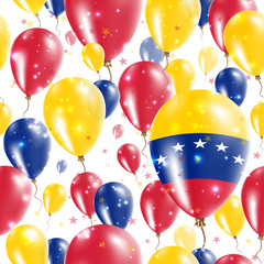 Venezuela Independence Day Seamless Pattern. Flying Rubber Balloons in Colors of the Venezuelan Flag. Happy Venezuela Day Patriotic Card with Balloons, Stars and Sparkles.