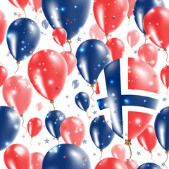 Norway Independence Day Seamless Pattern. Flying Rubber Balloons in Colors of the Norwegian Flag. Happy Norway Day Patriotic Card with Balloons, Stars and Sparkles.