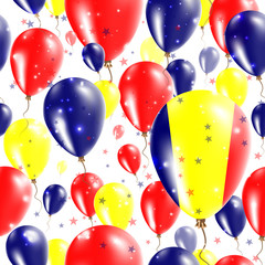 Chad Independence Day Seamless Pattern. Flying Rubber Balloons in Colors of the Chadian Flag. Happy Chad Day Patriotic Card with Balloons, Stars and Sparkles.
