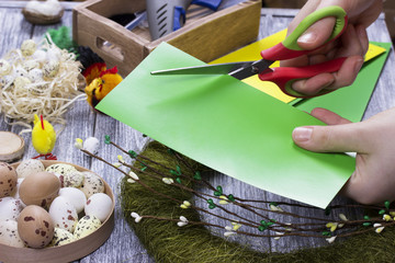 Easter wreath eggs decoration handmade, homemade woman leisure concept.