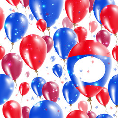 Laos Independence Day Seamless Pattern. Flying Rubber Balloons in Colors of the Laotian Flag. Happy Laos Day Patriotic Card with Balloons, Stars and Sparkles.