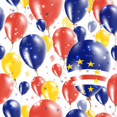 Cabo Verde Independence Day Seamless Pattern. Flying Rubber Balloons in Colors of the Cape Verdian Flag. Happy Cabo Verde Day Patriotic Card with Balloons, Stars and Sparkles.