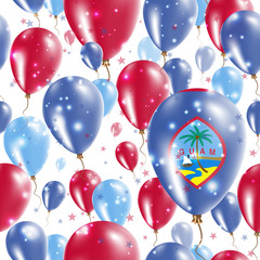 Guam Independence Day Seamless Pattern. Flying Rubber Balloons in Colors of the Guamanian Flag. Happy Guam Day Patriotic Card with Balloons, Stars and Sparkles.
