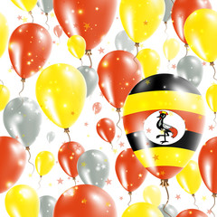 Uganda Independence Day Seamless Pattern. Flying Rubber Balloons in Colors of the Ugandan Flag. Happy Uganda Day Patriotic Card with Balloons, Stars and Sparkles.
