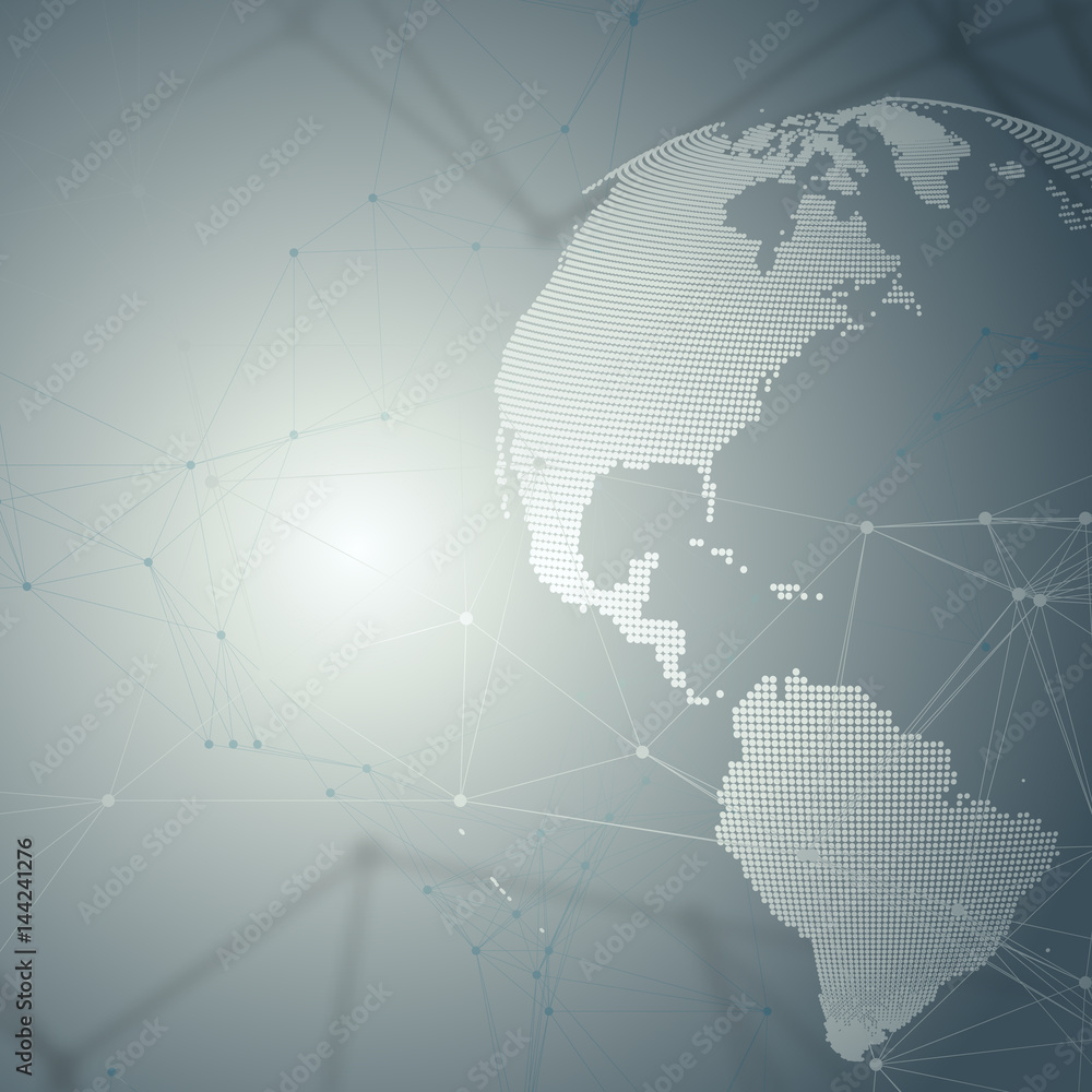 Poster dotted world globe with chemistry pattern, connecting lines and dots. molecule structure on gray. sc