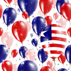 Liberia Independence Day Seamless Pattern. Flying Rubber Balloons in Colors of the Liberian Flag. Happy Liberia Day Patriotic Card with Balloons, Stars and Sparkles.