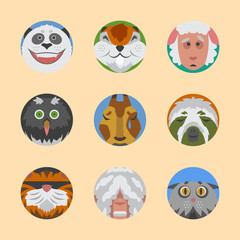 Cute animals emotions icons isolated fun set face happy character emoji comic adorable pet and expression smile collection wild avatar vector illustration.
