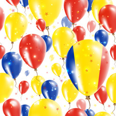 Romania Independence Day Seamless Pattern. Flying Rubber Balloons in Colors of the Romanian Flag. Happy Romania Day Patriotic Card with Balloons, Stars and Sparkles.